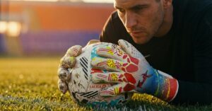 Portero sujetando balón con guantes profesionales, detalle de la palma y agarre en césped natural