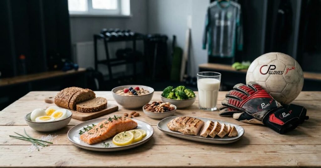 Alimentos saludables y guantes de portero en mesa como ejemplo de nutrición para porteros de fútbol antes de entrenar o competir.