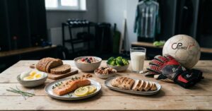 Alimentos saludables y guantes de portero en mesa como ejemplo de nutrición para porteros de fútbol antes de entrenar o competir.